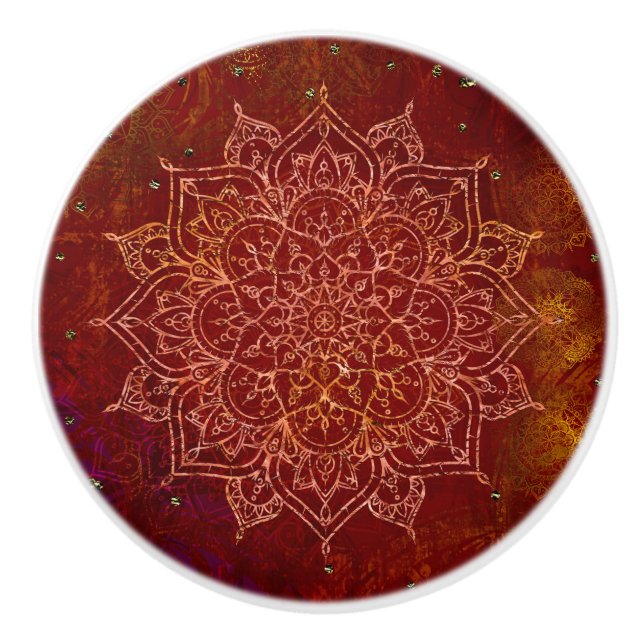 Rust Red Mandala Gold Glam Modern Chic Ceramic Knob (Front)