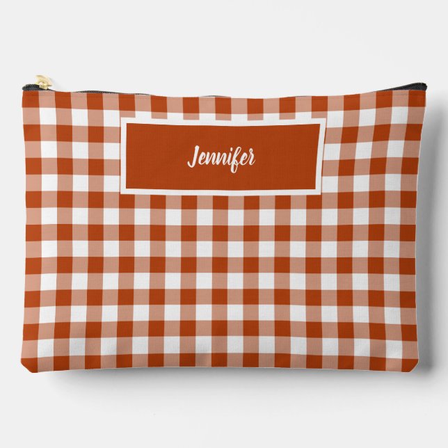 Rust Red Plaid Gingham Personalized Accessory Pouch (Front)