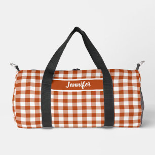 Rust Red Plaid Gingham Personalized Duffle Bag
