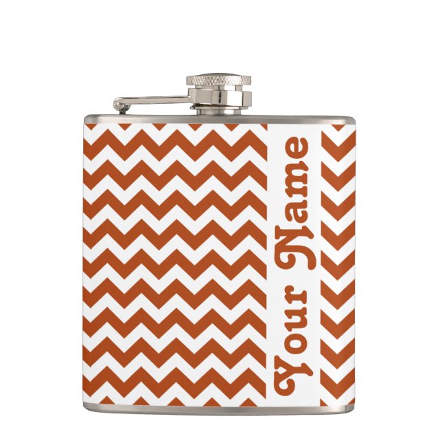 Rust Red Safari Chevron with customisable name Hip Flask (Front)