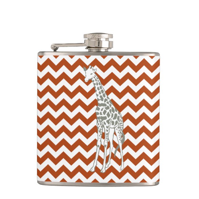 Rust Red Safari Chevron with Pop Art Giraffe Hip Flask (Front)