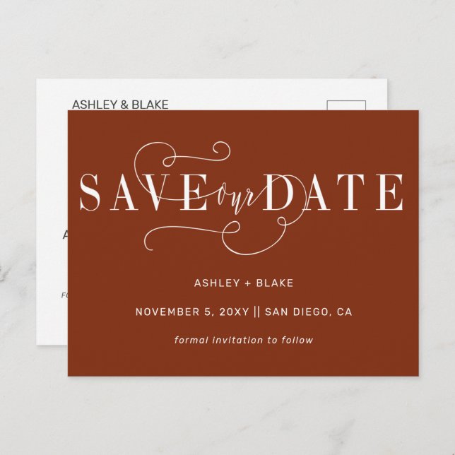 Rust Simple Handwritten Calligraphy Save the Date Announcement Postcard (Front/Back)
