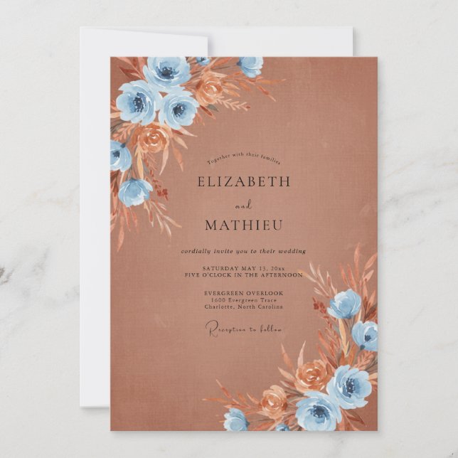 Rust Sky Blue Pampas Eucalyptus Wedding Invitation (Front)
