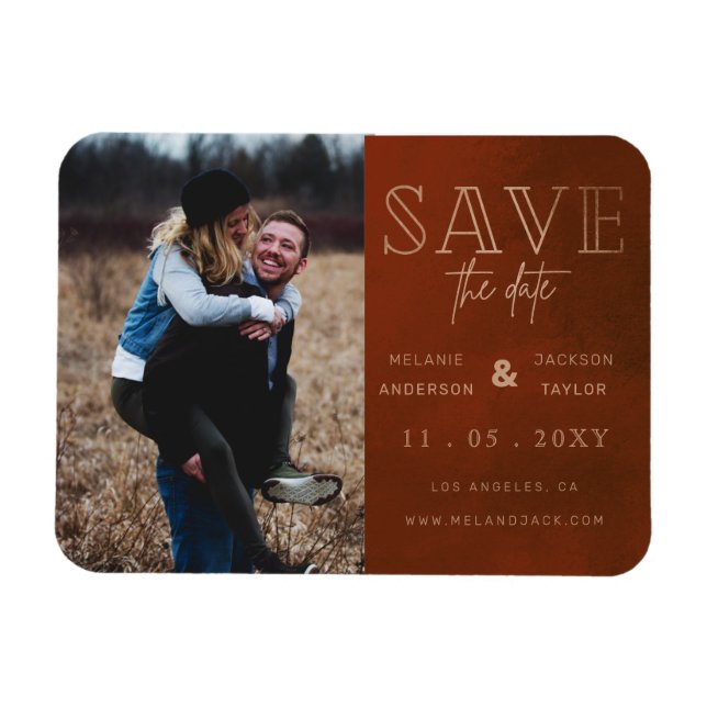 Rust Stylish Handwritten Photo Save the Date Magnet (Horizontal)