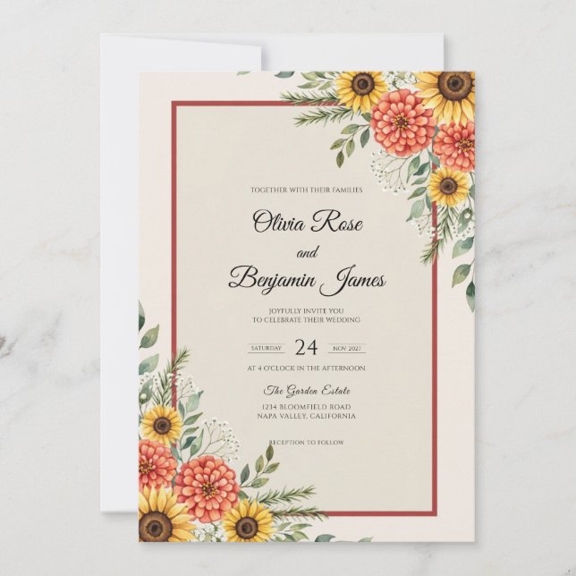 Rust Sunflower Dahlia Wedding Invitation (Front)