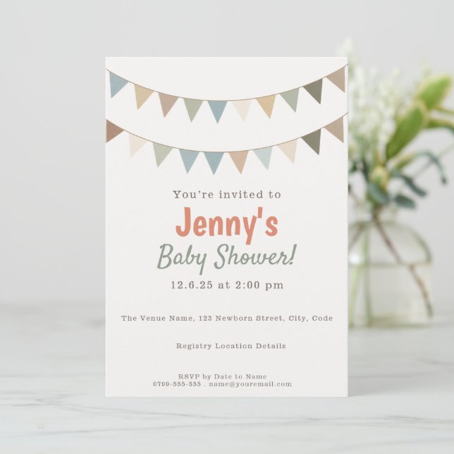 Rust Terracotta and Sage Green Bunting Baby Shower Invitation (Standing Front)