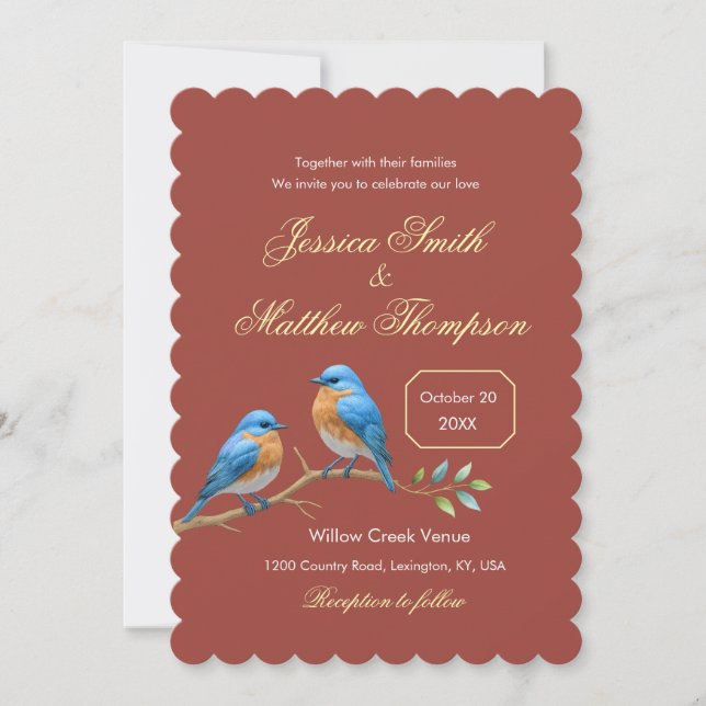 Rust Terracotta Bluebirds Golden Script Wedding Invitation (Front)