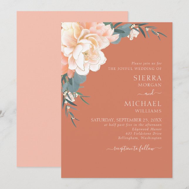Rust Terracotta Blush Peach Gold Floral Wedding Invitation (Front/Back)