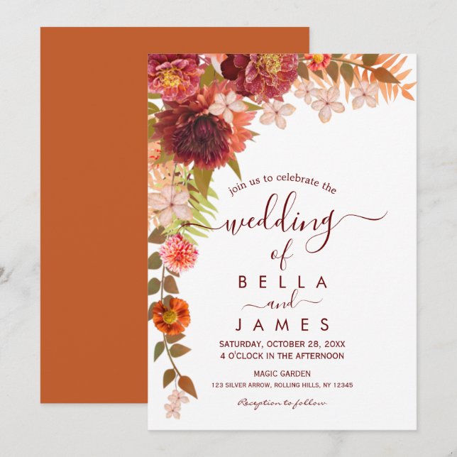 Rust Terracotta Boho Floral Wedding  Invitation (Front/Back)