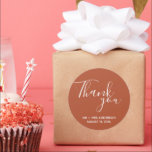 Rust Terracotta Boho Wedding Thank You Classic Round Sticker<br><div class="desc">Wedding favour stickers in a terracotta or rust colour with white text. Say thank you to your wedding guests with these personalised wedding stickers in a gorgeous script font that read: Thank you. Personalise with your names and wedding date.</div>
