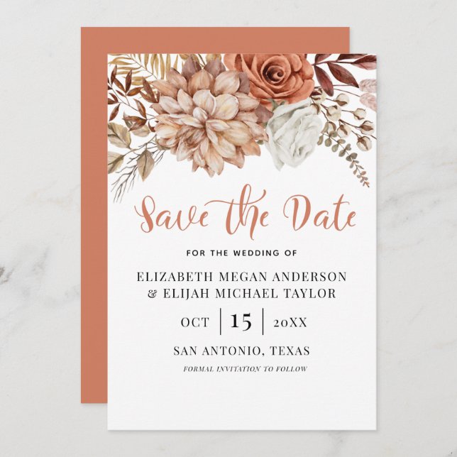 Rust Terracotta Fall Boho Floral Save the Date Invitation (Front/Back)
