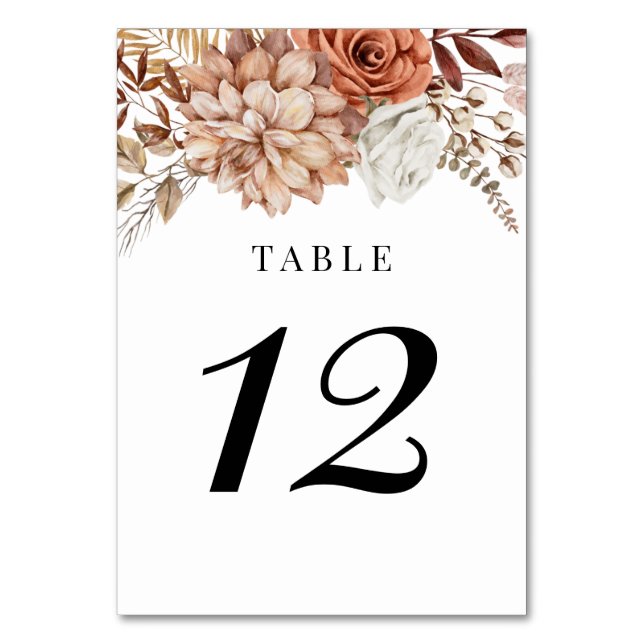 Rust Terracotta Fall Boho Floral Table Number (Front)