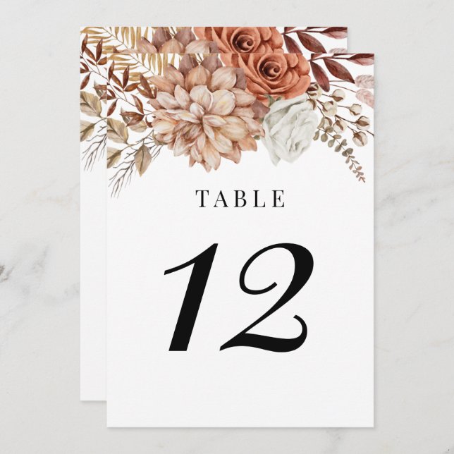Rust Terracotta Fall Boho Floral Table Number (Front/Back)