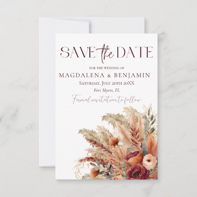 Rust Terracotta Fall Dried Florals Pampas Grass Save The Date (Front)