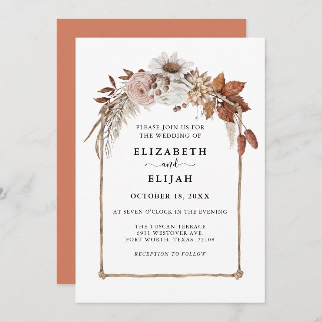 Rust Terracotta Fall Floral Arch Wedding Invitation (Front/Back)