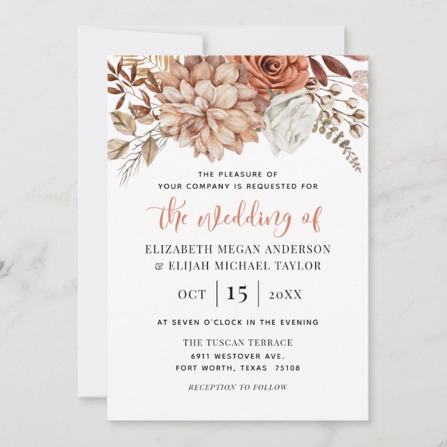 Rust Terracotta Fall Floral Boho Wedding Invitation (Front)