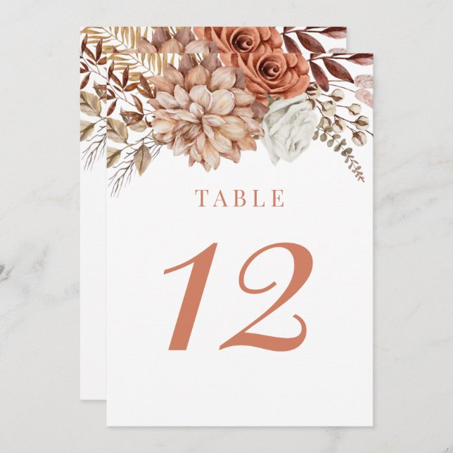 Rust Terracotta Fall Floral Wedding Table Number (Front/Back)