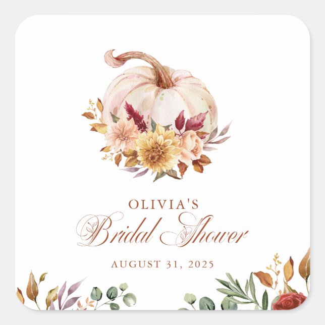 Rust Terracotta Floral Pampas Grass and Pumpkin Square Sticker (Front)