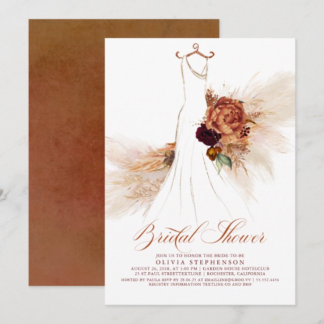 Rust Terracotta Floral Pampas Grass Bridal Shower Invitation (Front/Back)