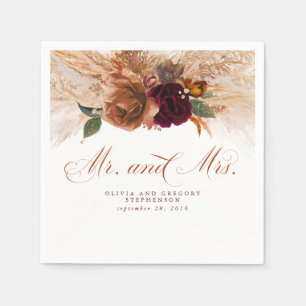 Rust Terracotta Floral Pampas Grass Wedding Napkin