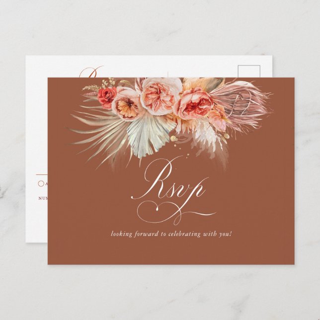 Rust Terracotta Floral Pampas Grass Wedding RSVP P Postcard (Front/Back)