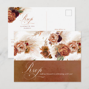 Rust Terracotta Floral Pampas Grass Wedding RSVP Postcard