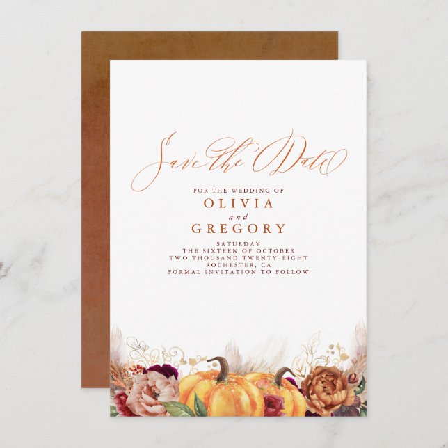 Rust Terracotta Floral Pumpkins Fall Save the Date Announcement (Front/Back)
