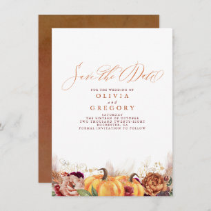 Rust Terracotta Floral Pumpkins Fall Save the Date Announcement