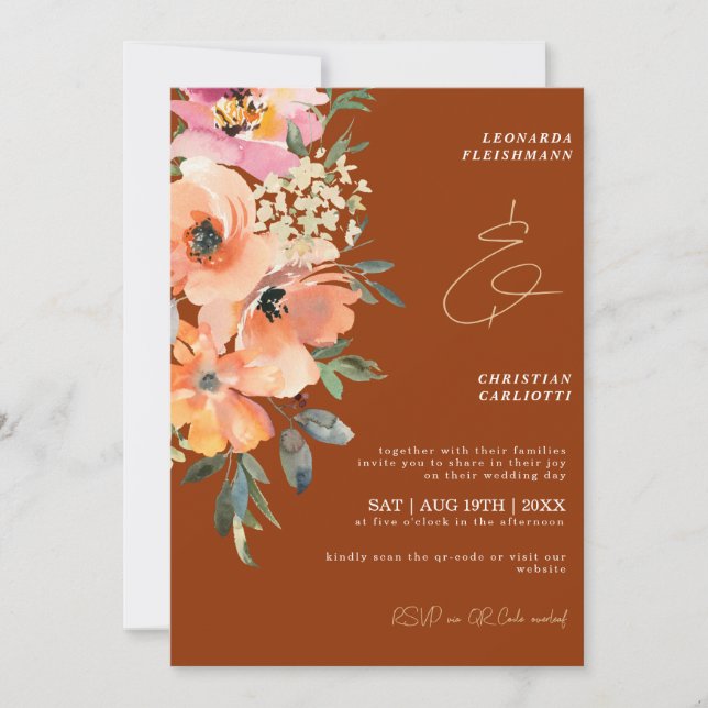 Rust Terracotta Floral QR Code Wedding  Invitation (Front)