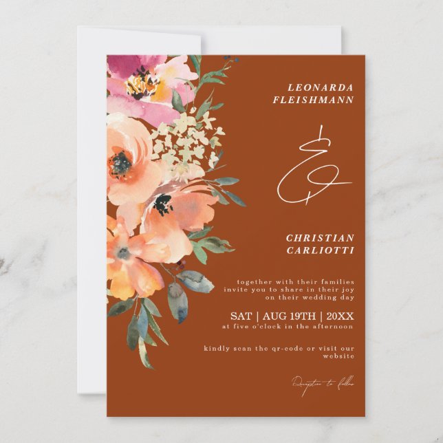 Rust Terracotta Floral Wedding  Invitation (Front)