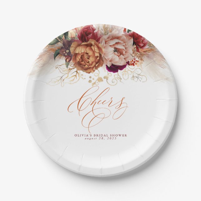 Rust Terracotta Flowers and Pampas Grass Cheers Paper Plate (Front)