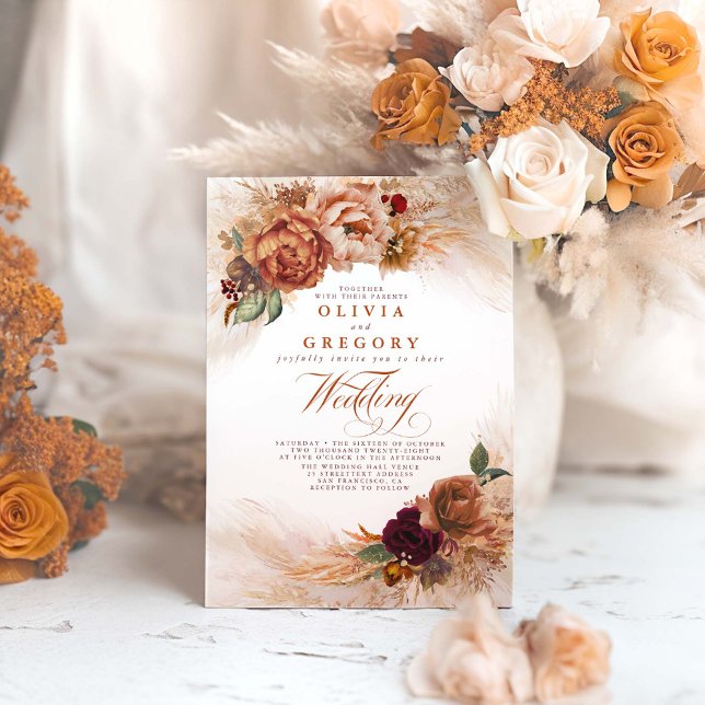 Rust Terracotta Flowers and Pampas Grass Wedding Invitation (Boho Terracotta Floral Fall Wedding Invitations)