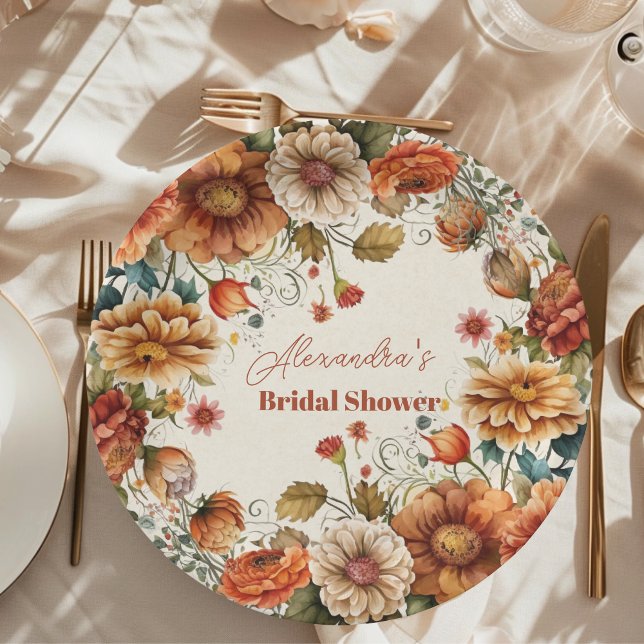 Rust Terracotta Flowers Bridal Shower Paper Plate (Creator Uploaded)