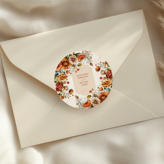 Rust Terracotta Flowers Burnt Orange Fall Wedding Classic Round Sticker (Creator Uploaded)