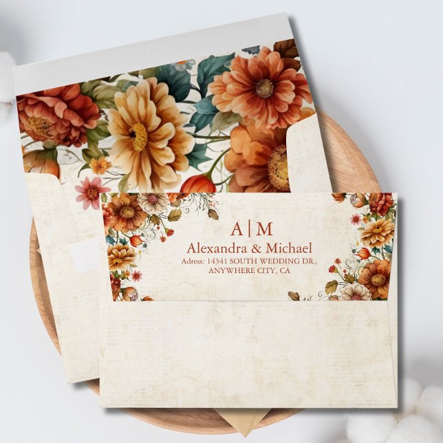 Rust Terracotta Flowers Burnt Orange Fall Wedding Envelope (Creator Uploaded)