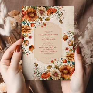 Rust Terracotta Flowers Burnt Orange Fall Wedding Invitation