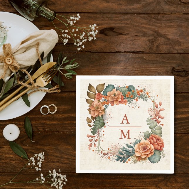 Rust Terracotta Flowers Burnt Orange Fall Wedding Napkin (Creator Uploaded)