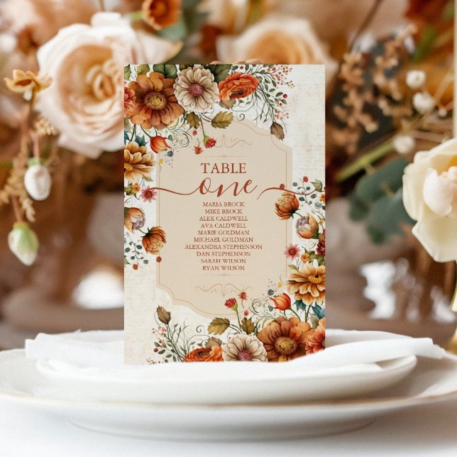 Rust Terracotta Flowers Burnt Orange Fall Wedding Table Number (Creator Uploaded)