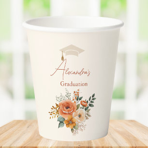 Rust Terracotta Flowers Burnt Orange Graduation Paper Cups