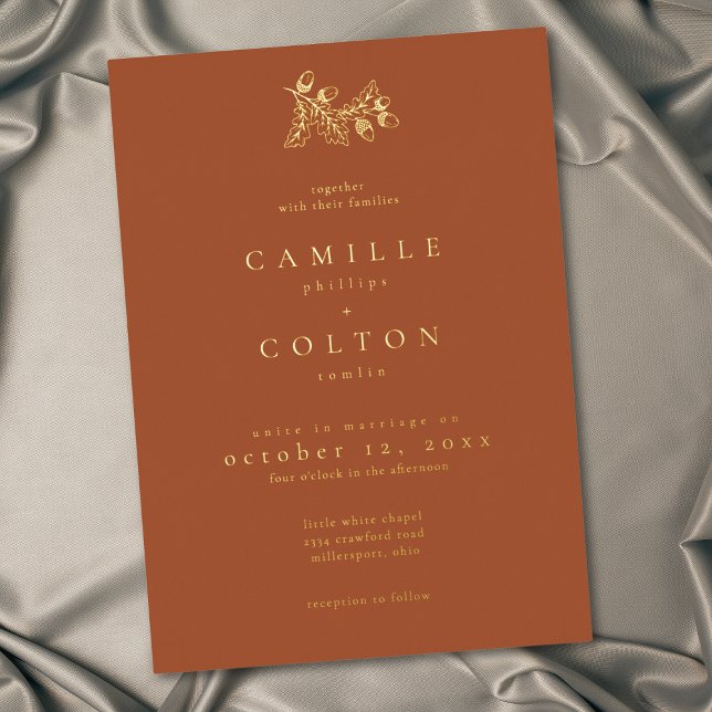 Rust Terracotta Minimalist Leaf Acorn Fall Wedding (Rust Terracotta Minimalist Leaf Acorn Fall Wedding Foil Invitation)