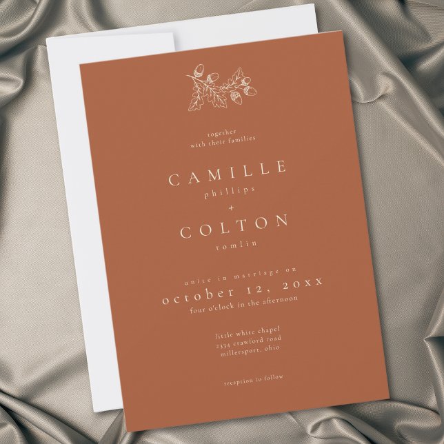 Rust Terracotta Minimalist Leaf Acorn Fall Wedding Invitation (Creator Uploaded)
