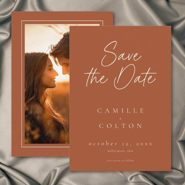 Rust Terracotta Minimalist Wedding Photo Save The Date (Rust Terracotta Minimalist Wedding Photo Save The Date)