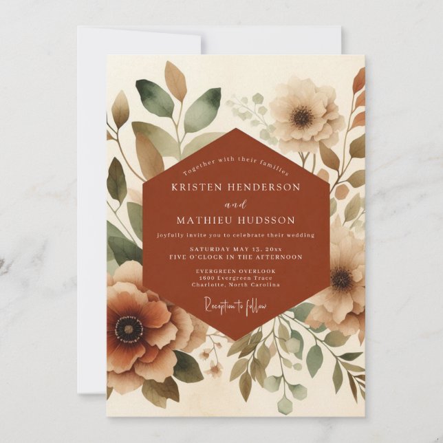 Rust Watercolor Bloom Wedding Invitation (Front)