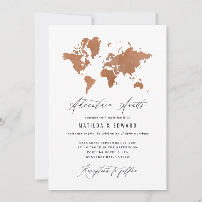 Rust watercolor world map wedding travel (Front)