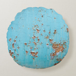 Rusted Blue Metal: Textured Wall. Round Cushion