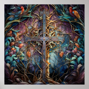 Rusted Celtic Cross With Vines and Birds Poster