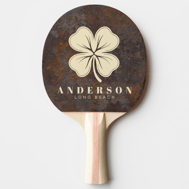 Rusted Metal Sheet Four Leaf Clover with Name Ping Pong Paddle (Front)