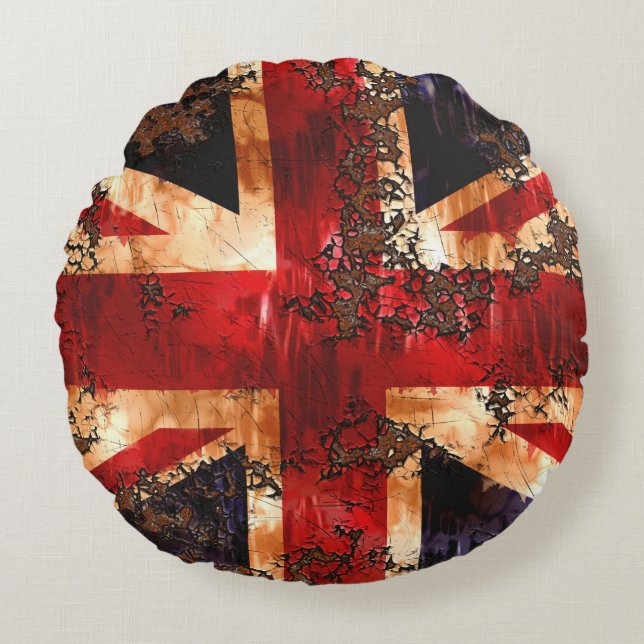 Rusted Patriotic United Kingdom Flag Round Cushion (Front)