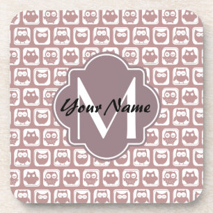 Rusted Pink Owls Custom Monogram, Personalised Coaster