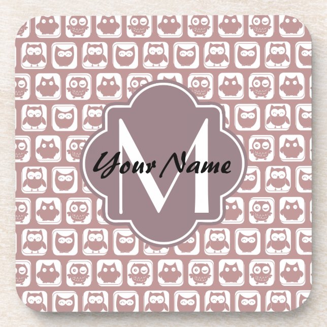 Rusted Pink Owls Custom Monogram, Personalised Coaster (Front)